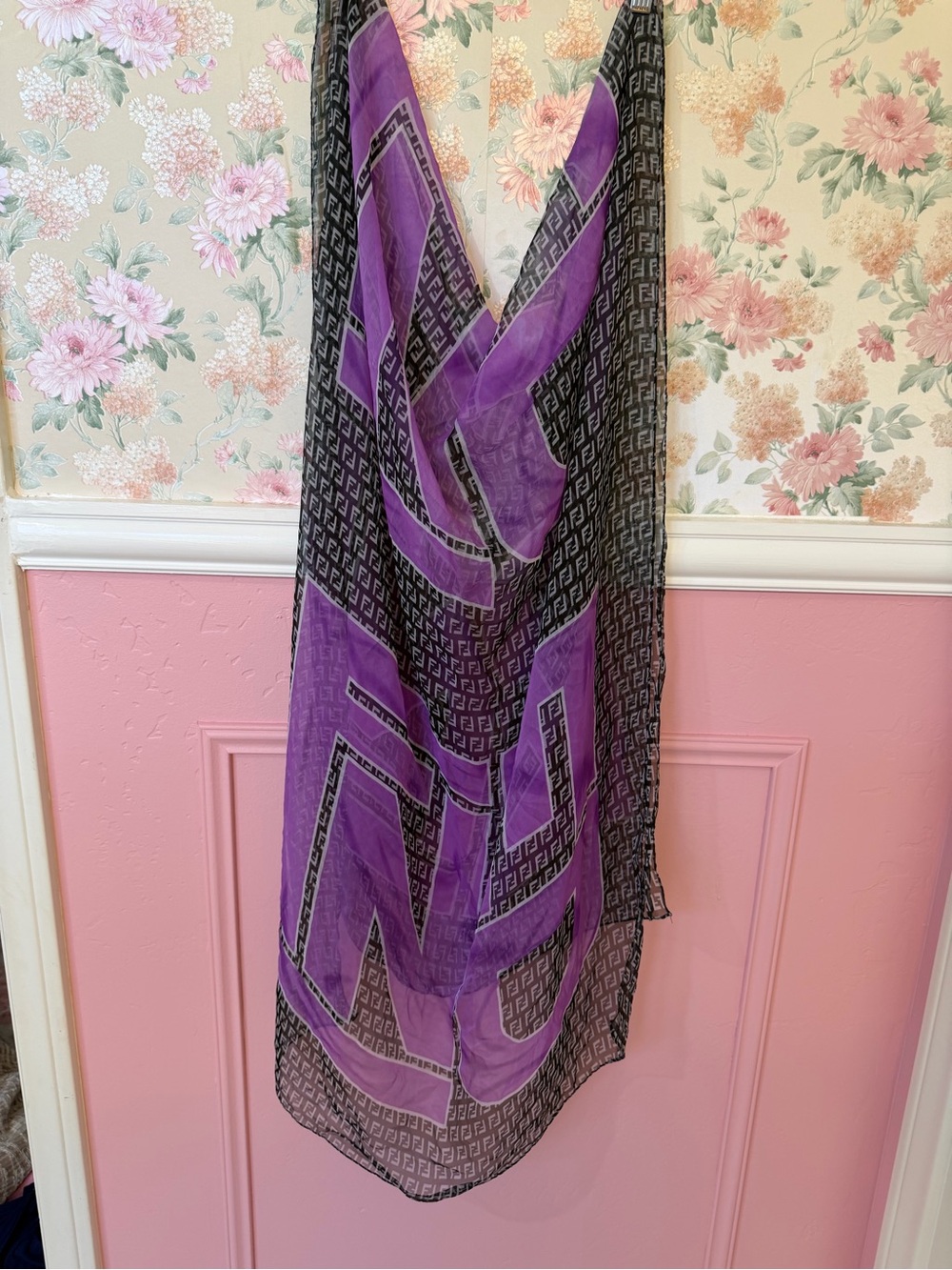 Fendi Black and Purple Logo-Print Lightweight Scarf